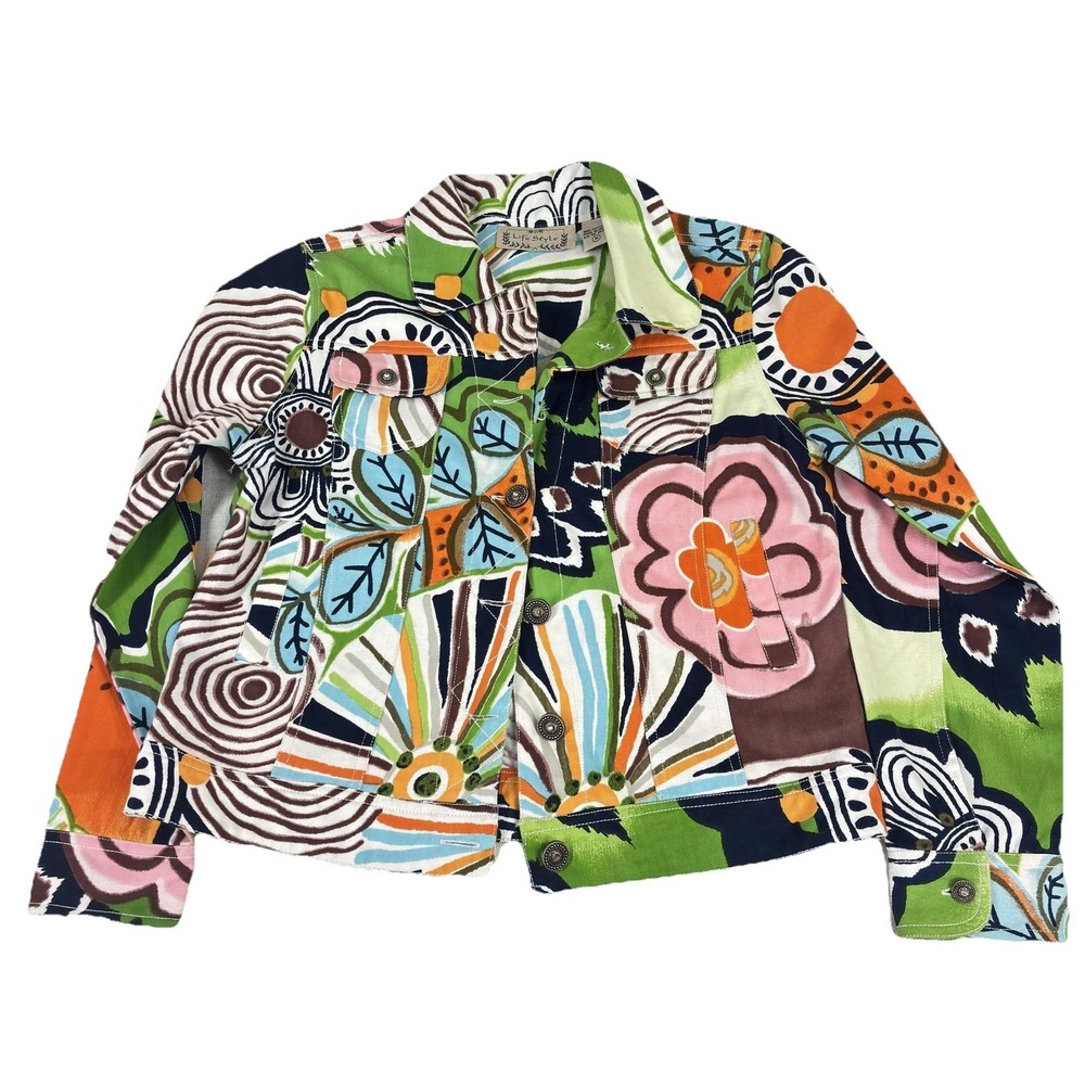 Life Style Jacket Womens Medium Multicolor Abstract Floral Cotton Trucker Boho‎
